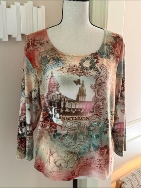 Impulse California Y2K Barcelona Graphic Embellished Top XL Travel Print Rhinest
